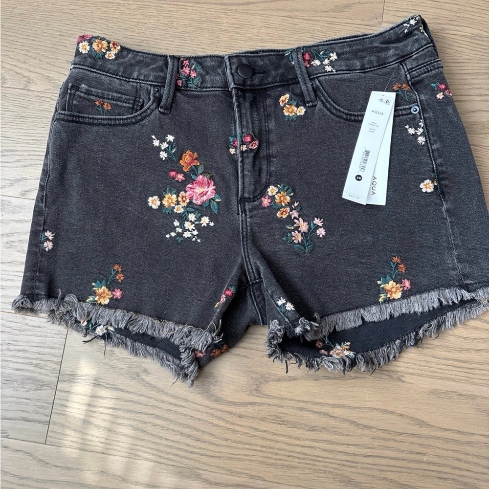 Aqua Black Floral Embroidered Jean Shorts